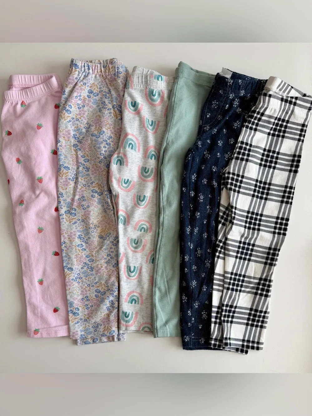 3T Leggings Lot 6 Pair-strawberry, flowers, rainbows, denim, green, check